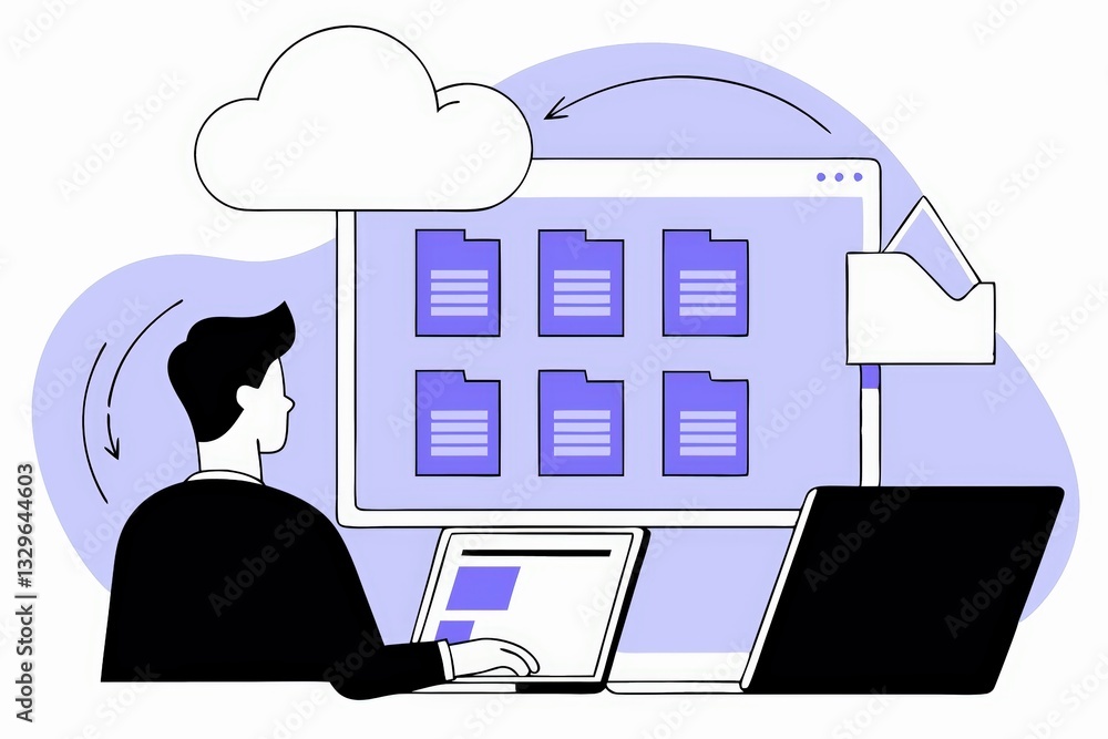 Poster a person working on a laptop with cloud storage, managing digital files displayed on a screen, repre
