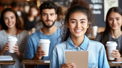 Cheerful japanese woman smiling with laptop urban setting lifestyle content surrounded by friends