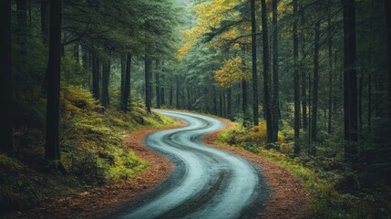 Obraz premium A forest road winding through towering pines, creating a contrast of green and brown.