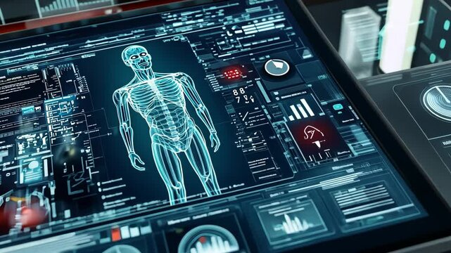 Futuristic Medical Interface Displaying a Holographic Human Body Scan with Advanced Diagnostic Data and AI-Powered Health Analysis in a High-Tech Laboratory