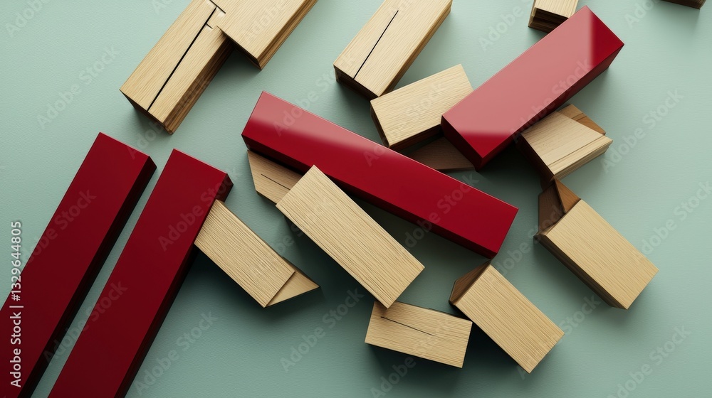 Poster close-up view of a bunch of wooden blocks arranged in a random pattern on a plain surface