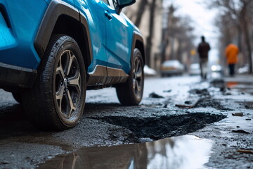 Car parked next to a large pothole with water pooling on the street during cold weather