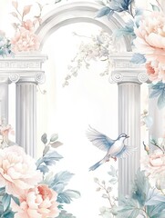 Obraz premium Vintage wedding invitation with watercolor Greek arch and flower garden