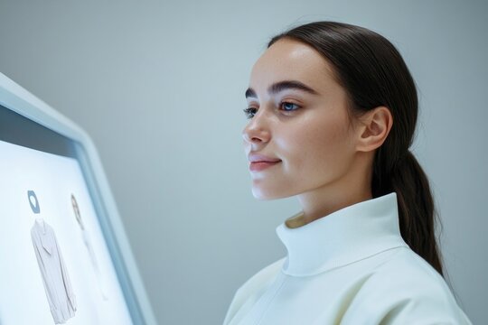 Young woman interacts with digital display showcasing modern fas