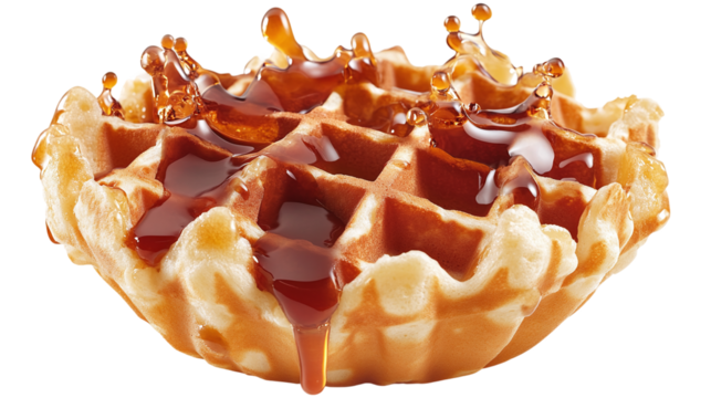 Delicious waffle with syrup splash, cut out. Isolated on a transparent background.