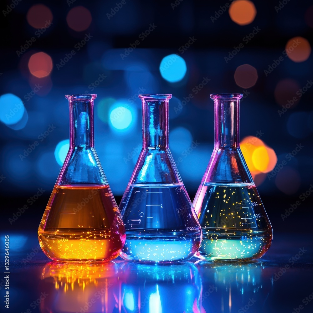 Poster three distinct laboratory flasks positioned on a table displaying various colorful chemical solution