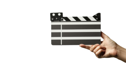 Hand holding film clapperboard, isolated on transparent background
