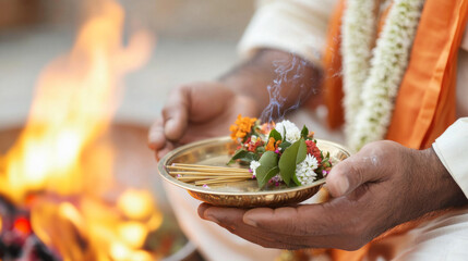 Indian man with tray of flowers and incense by fire during Holika Dahan