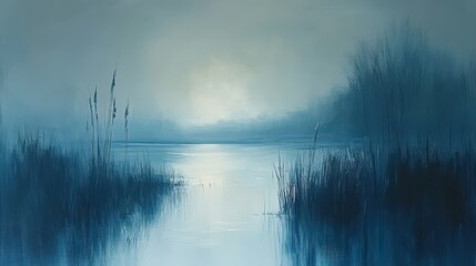 Serene lake sunrise, misty reeds, calm water, peaceful landscape, nature background