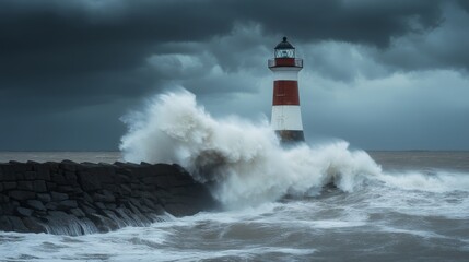 A lighthouse stands tall against raging waves and dark storm clouds. This scene captures the beauty and power of nature in turbulent weather. Generative AI