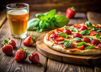 Long Exposure Pizza Photography: Strawberry Basil Pizza on Wooden Board with Drink
