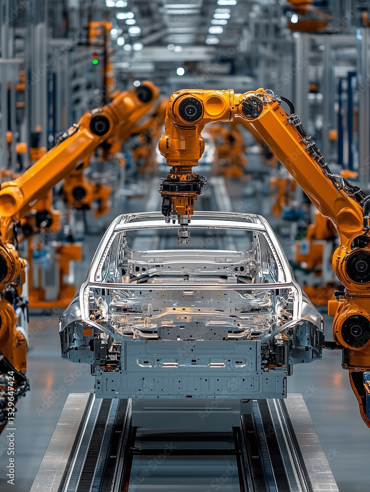 Poster automated robotic arms assembling car frames in modern manufacturing facility, showcasing advanced t