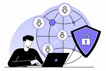 A person works at a laptop, surrounded by symbols of security and connectivity, emphasizing the importance of digital protection and online privacy.
