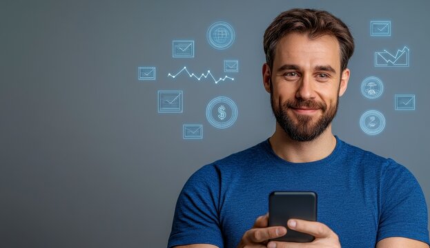 Smiling Man Using Smartphone with Digital Icons on Gray Background