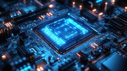 Quantum processor glowing with neon blue qubits.