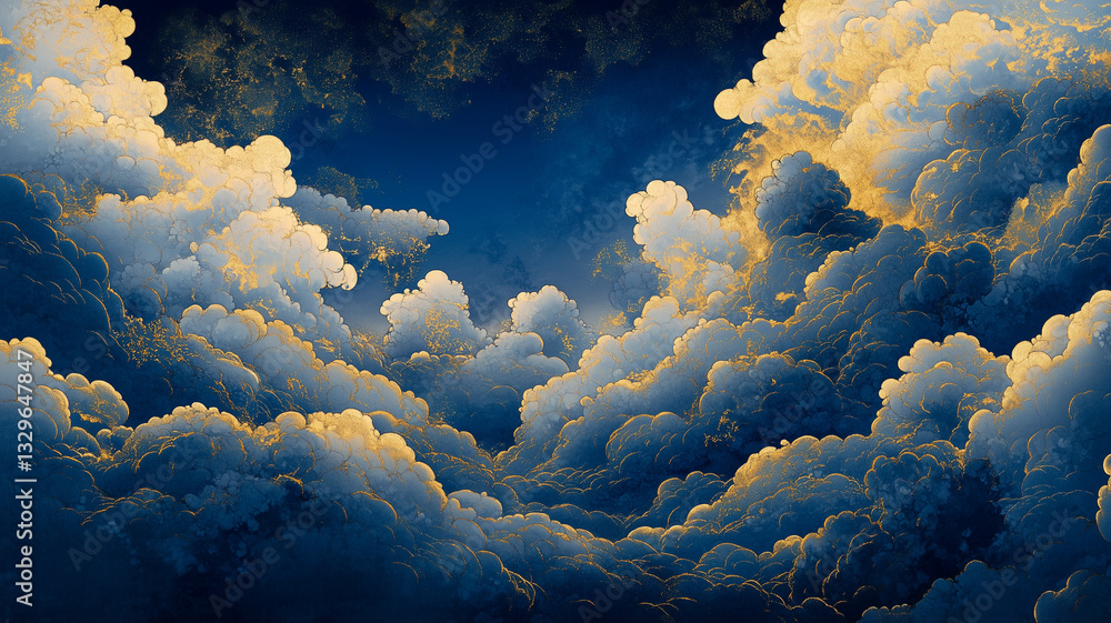 Poster majestic clouds in blue and gold color scheme create serene atmosphere. intricate details and soft t