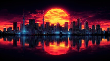 Fototapeta premium Fiery city skyline reflected in still water at sunset