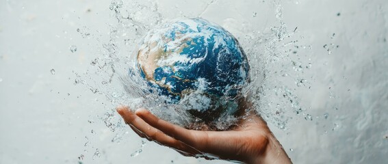 Hand gently holding Earth surrounded by water splash, symbolizing World Water Day; ample copy space ideal for environmental campaigns, education, and sustainability promotions