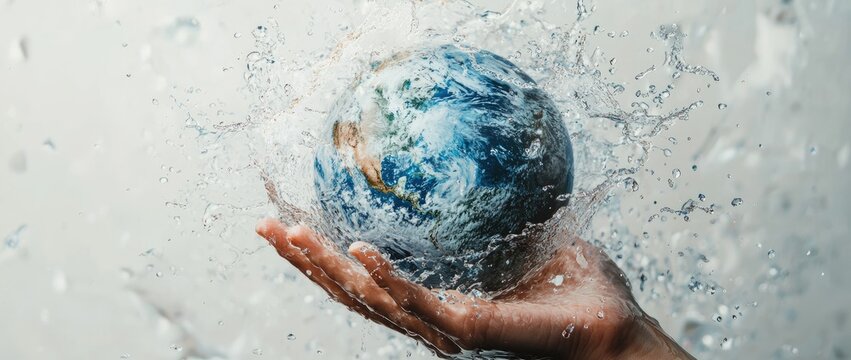 Hand holding Earth amid dynamic water splashes, symbolizing World Water Day; spacious background ideal for global conservation campaigns, eco-education, or sustainability messaging
