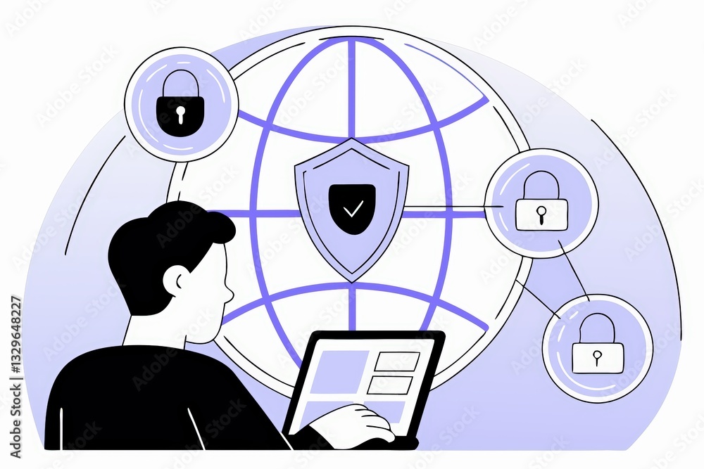 Poster a person working on a laptop with a focus on cybersecurity, illustrated with shields and locks aroun
