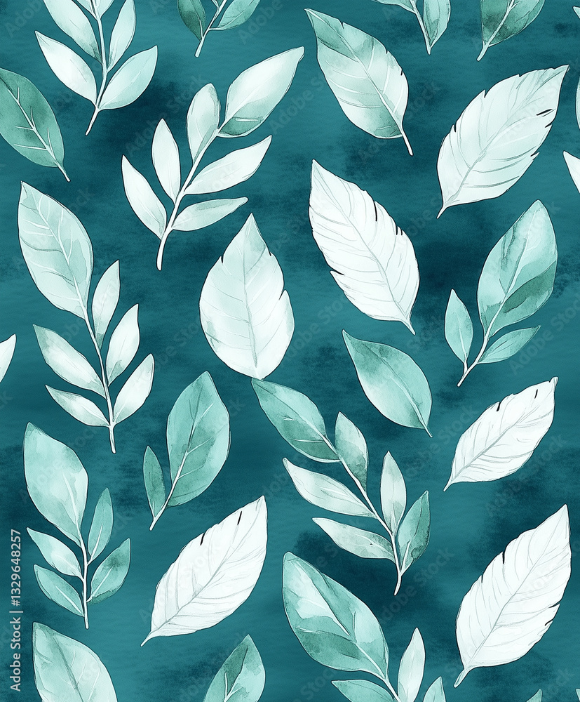 Poster watercolor leaves pattern on teal background, featuring various leaf shapes and sizes, creating sere