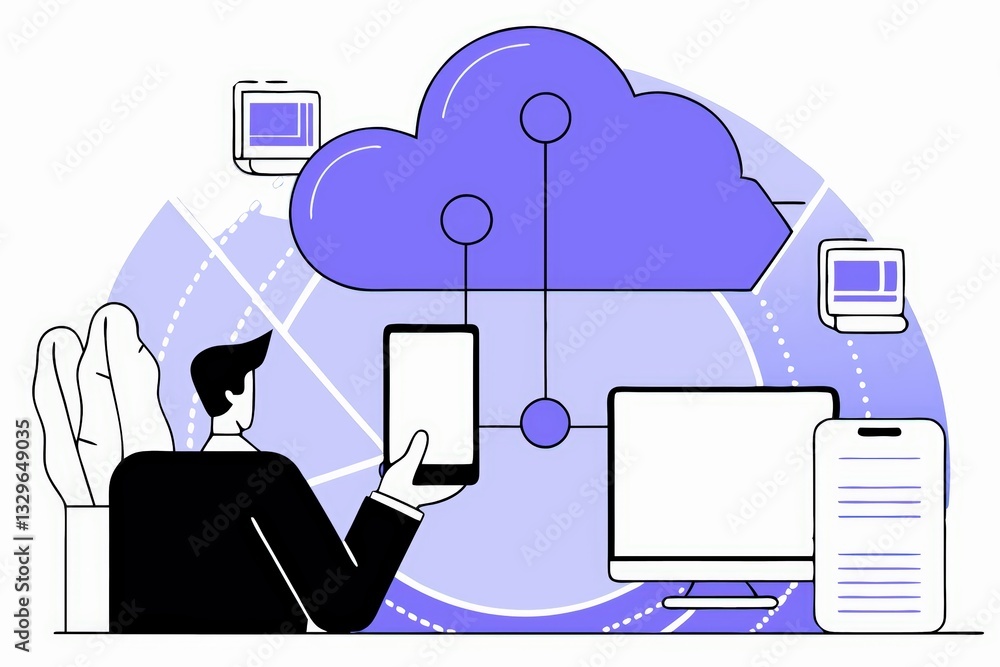 Poster a person using a smartphone connects to a cloud service, surrounded by digital devices, illustrating