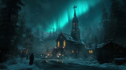 Snowy church, aurora borealis, winter night, village