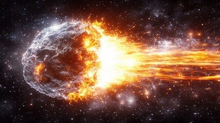 Obraz premium Dramatic cosmic explosion bursting with intense fiery energy and powerful celestial collision between cosmic objects in the vast expanse of the universe Apocalyptic cosmic event with glowing burning