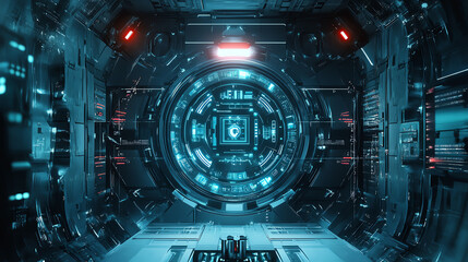 Obraz premium Futuristic tech interior with glowing circuits.