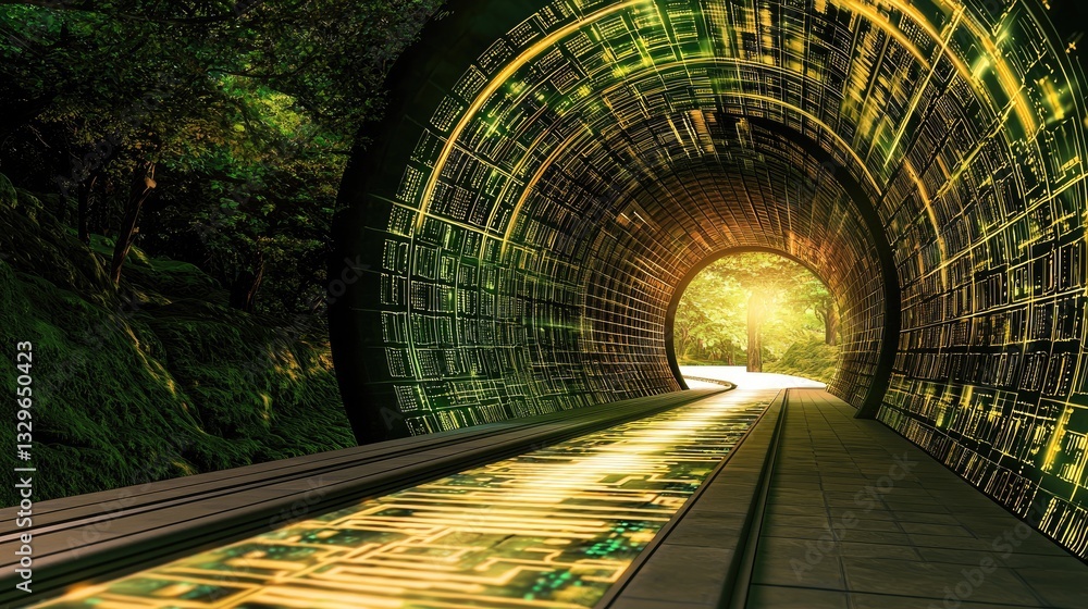 Poster cyber grid with glowing data pulses along a road, representing global digital transformation.