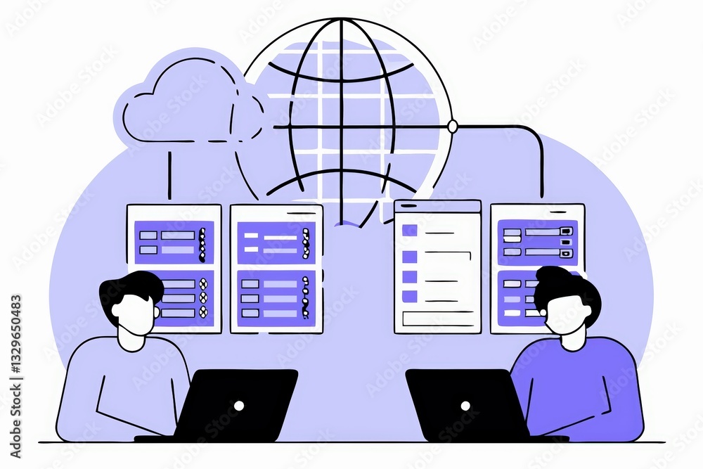 Poster two individuals work on laptops connected to a cloud network, symbolizing collaboration in technolog