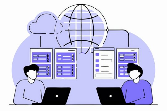 Two individuals work on laptops connected to a cloud network, symbolizing collaboration in technology and data management. - Powered by Adobe