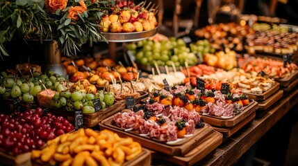 Obraz premium A lavish banquet display with wooden trays of assorted canap, fruits, and gourmet dips.