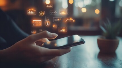 A buy-and-sell finance concept with digital investment icons floating around a smartphone, modern banking visualization