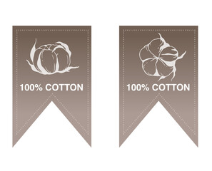 Cotton Plant Illustration. Cotton Branch Label Design. 100% Cotton, Pure Cotton Graphics. Hand Drawn Cotton Flowers  Line Art Illustration. Cotton Outline Trendy Minimalist Design