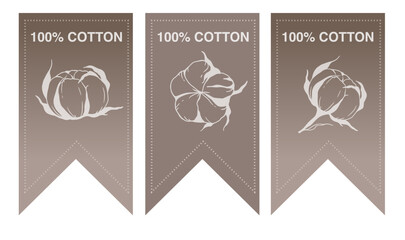 Cotton Plant Illustration. Cotton Branch Label Design. 100% Cotton, Pure Cotton Graphics. Hand Drawn Cotton Flowers  Line Art Illustration. Cotton Outline Trendy Minimalist Design