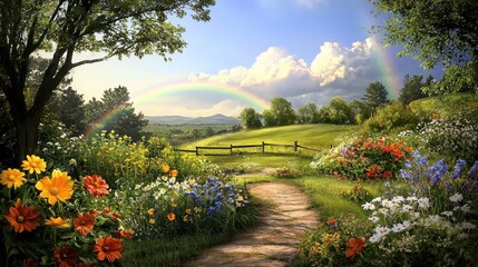 Obraz premium Dreamy countryside scene with a brilliant rainbow shining over green grass and vibrant flowers.
