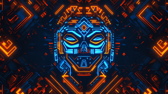 Colorful neon aztec pattern on black. repeating blue orange shapes form mask and symbols glowing on dark background. geometric style. Glowing Symmetry. Illustration