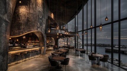 Obraz premium Discover the Essence of Normalist Architecture in a Waterfront Restaurant with Stunning Scenic Views