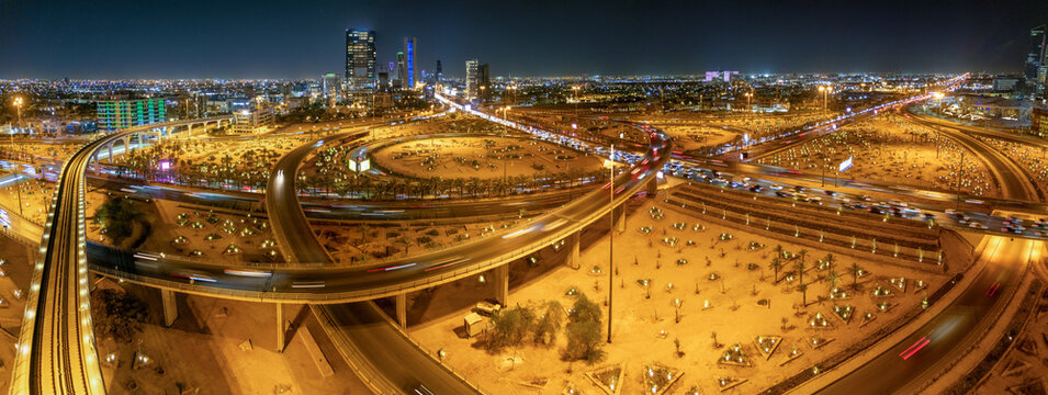 Nighttime Aerial View of Riyad City Lights and Highways. KAFD. Panorama