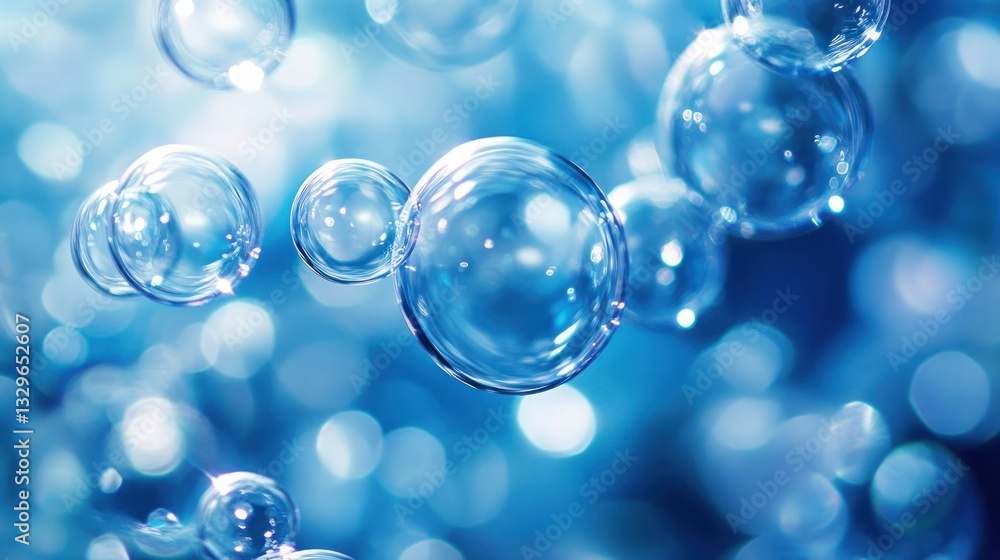 Poster a mesmerizing close-up of clustered blue bubbles, reflecting soft light and creating intricate patte