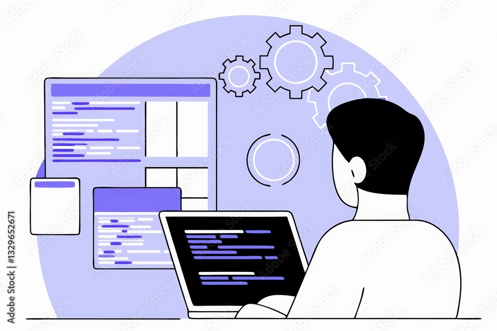 Poster a person programming on a laptop with code displayed, gears in the background, symbolizing technolog
