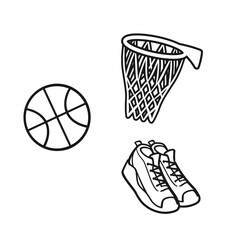 バスケットボール・バスケットシューズ・バスケットゴールのイラスト（線画）