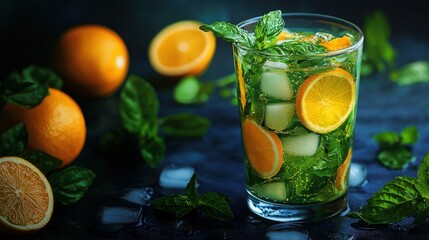Fototapeta premium Invigorating glass of water infused with oranges and mint for a refreshing hydration experience