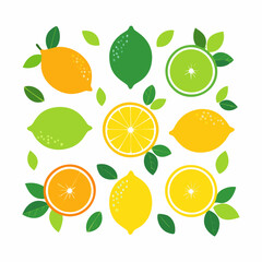 set of lemon slices and leaves,Oranges and lemon lime with half slices falling or floating in the air with green leaves isolated on a white background,Citrus fruits set. Bright yellow lemon, greenlime