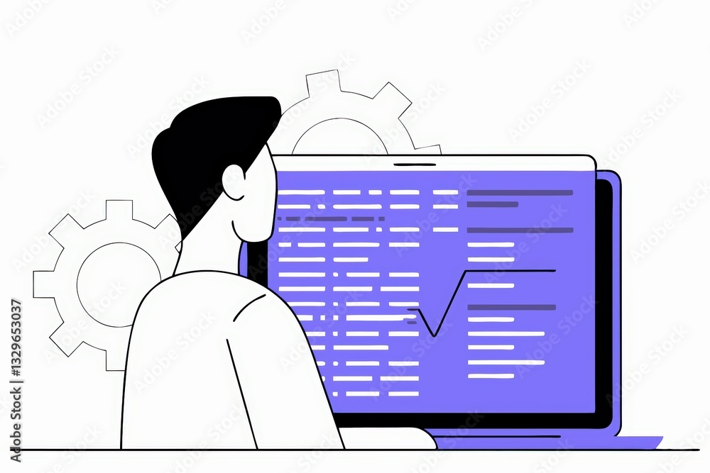 Poster a person is working on a laptop displaying code and graphs, surrounded by gear icons, symbolizing te