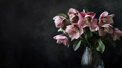 A moody floral still life featuring hellebores in a sleek glass vase against a black canvas.
