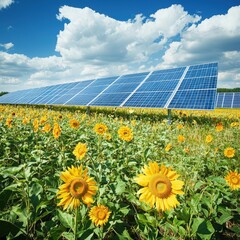 Bright field of sunflowers with solar panel installation underneath a clear blue sky above