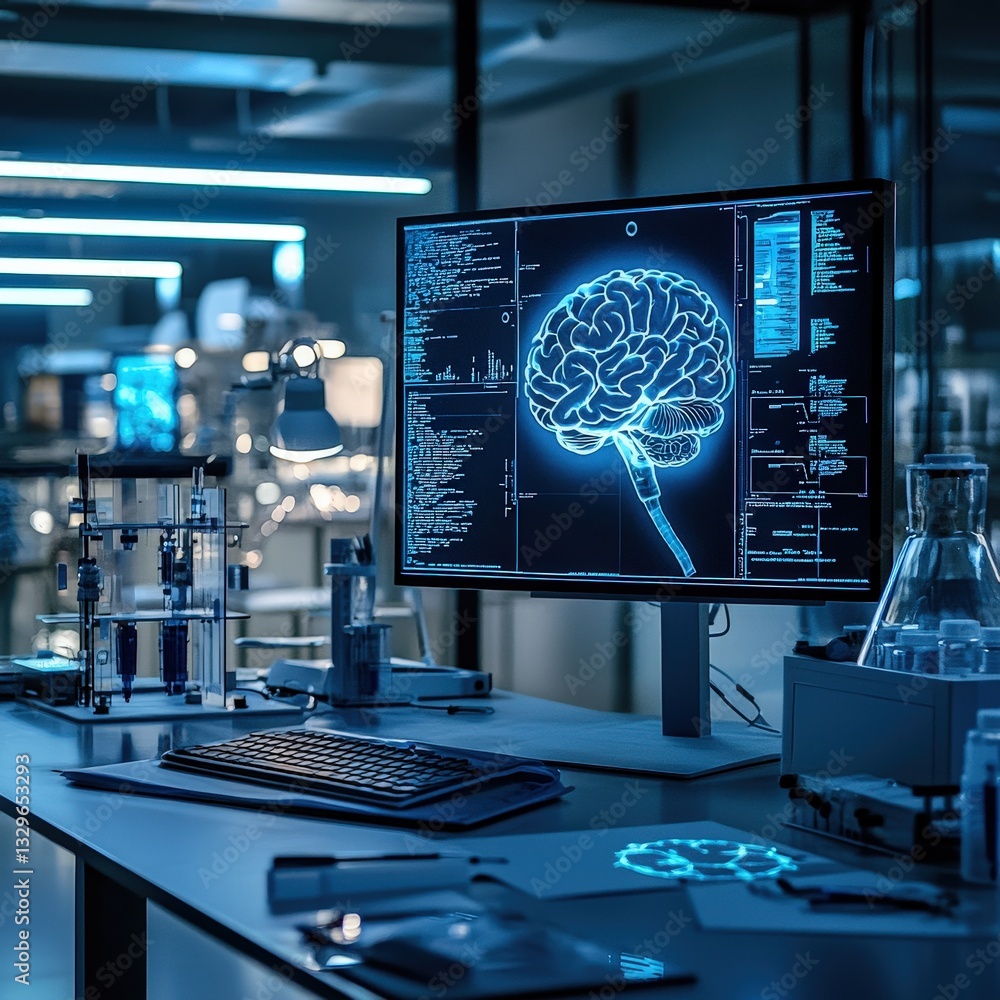 Poster computer screen displaying a detailed brain scan with colorful imaging results in a dark room