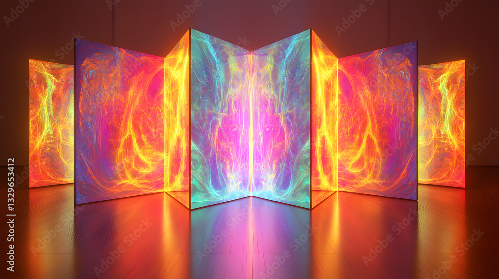 Poster modern room featuring a large screen displaying a series of repeating fractal images in a captivatin